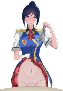 blue_hair blush body_writing clothes_lift grey_panties holding holding_panties holding_underwear love_live! love_live!_sunshine!! matsuura_kanan navel panties purple_eyes pussy seductive_smile shy skirt skirt_lift smile striped_clothes striped_panties table underwear vertenshi