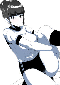 1girl blush breasts buruma exercising gym_shirt gym_uniform hair_bun highres long_hair looking_at_viewer medium_breasts monochrome original shirt short_sleeves single_hair_bun solo tirasi_(so) white_background