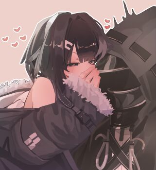 1girl 1other absurdres ambiguous_gender arknights bare_shoulders black_eyes black_hair black_jacket commentary_request doctor_(arknights) feather_hair hair_ornament hairclip heart heart-shaped_pupils highres hood hood_down hood_up jacket la_pluma_(arknights) long_sleeves looking_at_another mask pink_background simple_background symbol-shaped_pupils taiiiyakiii whispering_in_ear