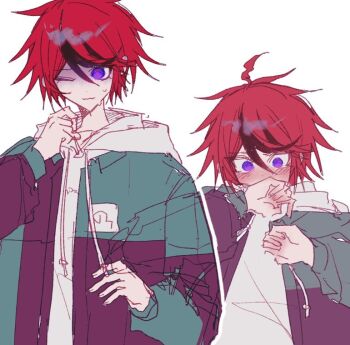 Rule 34 | 1boy, ahoge, black hair, blue eyes, blush, covering own mouth, drawstring, green jacket, hair between eyes, hand over own mouth, hand up, hood, hood down, hoodie, jacket, jacket over hoodie, long sleeves, male focus, multicolored hair, multicolored jacket, multiple views, nervous, nyab oo, one eye closed, open clothes, open jacket, purple jacket, red hair, short hair, simple background, sketch, streaked hair, sumino takumi, sweat, the hundred line -last defense academy-, two-tone hair, two-tone jacket, white background, white hoodie