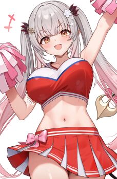 +++ 1girl :d absurdres arm_up blush bouncing_breasts bow breasts cowboy_shot daysss demon_horns gradient_hair grey_hair groin hair_ornament hairclip hand_up highres hip_bones hip_dips holding holding_pom_poms horns indie_virtual_youtuber large_breasts long_hair looking_at_viewer midriff miniskirt multicolored_hair navel open_mouth pink_hair pleated_skirt pointy_ears pom_pom_(cheerleading) pom_poms red_skirt red_tank_top simple_background skirt smile solo suou_patra tank_top toned toned_female transparent_background v-shaped_eyebrows very_long_hair virtual_youtuber waist_bow yellow_eyes