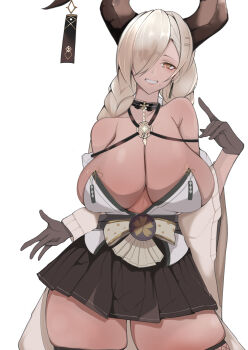 Rule 34 | 1girl, absurdres, azur lane, bare shoulders, black choker, black gloves, black skirt, blonde hair, breasts, brown eyes, brown horns, choker, cleavage, coat, commentary request, cowboy shot, dark-skinned female, dark skin, gear0710, gloves, hair over one eye, highres, horn ornament, horns, huge breasts, lace-trimmed choker, lace trim, large horns, miniskirt, open clothes, open coat, owari (azur lane), pleated skirt, simple background, skirt, solo, tassel, thighhighs, white background, zettai ryouiki