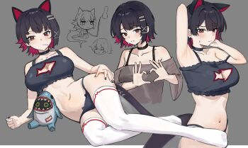 1girl animal_ears armpits bangboo_(zenless_zone_zero) black_bra black_choker black_hair black_nails black_panties blush bra breasts cat_ears choker cleavage cleavage_cutout clothing_cutout collarbone colored_inner_hair commentary ellen_joe english_commentary fake_animal_ears four-finger_heart_hands full_body grey_background hair_ornament hairclip hand_on_own_hip heart heart_hands highres iffyru large_breasts linea_alba lingerie lollipop_in_mouth looking_at_viewer multicolored_hair multiple_views navel off-shoulder_shirt off_shoulder panties red_eyes red_hair sharkboo_(zenless_zone_zero) shirt short_hair sweatdrop swimsuit thighhighs underwear white_thighhighs zenless_zone_zero