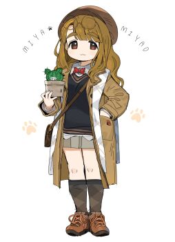 :3 black_vest bow bowtie brown_coat brown_eyes brown_hair brown_shoes cactus coat collared_shirt hand_in_pocket highres holding idolmaster idolmaster_million_live! looking_at_viewer miyao_miya parted_bangs paw_print plant pleated_skirt potted_plant red_bow shirt shoes simple_background skirt spawnfoxy sweater_vest swept_bangs vest white_background