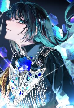 1girl ado_(utaite) blue_eyes blue_gemstone blue_hair blue_jacket blush chando_(ado) closed_mouth commentary_request floating_hair gem grey_hair highres jacket jewelry official_art orihara_(ewkkyorhr) solo upper_body utaite yodaka_(ado)