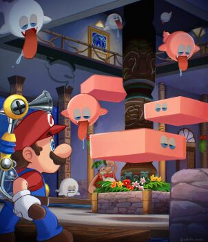 2boys absurdres arm_up artist_name black_eyes block_boo blonde_hair blue_eyes blue_overalls blue_sclera boo_(mario) bow bowtie brown_hair brown_shoes closed_mouth colored_sclera door drooling f.l.u.d.d. facial_hair fangs floating flower ghost gloves half-closed_eyes hat highres hotel in-universe_location indoors jacket mario mario_(series) multiple_boys mustache newsboy_cap nintendo open_clothes open_jacket open_mouth orange_flower orange_jacket overalls pianta pillar pink_flower plant platform red_bow red_flower red_hat red_shirt saliva sasaki_sakiko see-through_body shirt shoes short_hair sleepy sleeveless sleeveless_jacket smile standing super_mario_sunshine tongue tongue_out twitter_username water white_gloves white_shirt yellow_flower