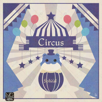 :3 animal_focus balloon character_name circus circus_tent closed_mouth fangs fangs_out gen_3_pokemon hat highres looking_at_viewer meme_(sleepsheep) nintendo no_humans nostrils pokemon pokemon_(creature) pokemon_focus seal_(animal) smile spheal star_(symbol) top_hat