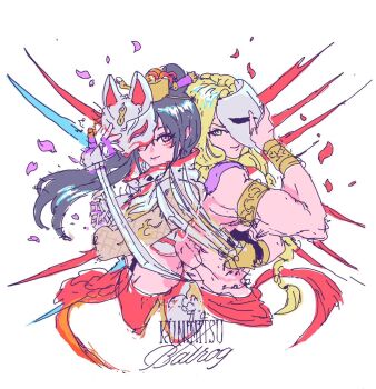 Rule 34 | 1boy, 1girl, black hair, blonde hair, braid, character name, commentary request, cropped torso, facepaint, fox mask, green eyes, holding, holding mask, holding sword, holding weapon, kaituburing, katana, kunimitsu ii, long hair, mask, ponytail, purple eyes, sketch, smile, street fighter, street fighter v, sword, tekken, tekken 8, vega (street fighter), weapon, white background