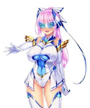 1girl :d bare_shoulders blue-tinted_eyewear blunt_bangs blush breasts cameltoe chest_jewel closed_eyes covered_erect_nipples covered_navel cowboy_shot elbow_gloves element_venus facing_viewer game_cg gem gloves gluteal_fold hair_ribbon headgear high_ponytail highleg highleg_leotard impossible_clothes impossible_leotard kisaragi_nozomi large_breasts large_variant_set legs_apart leotard long_hair magical_girl non-web_source nose_blush official_art open_mouth outstretched_arm pink_hair ponytail ribbon satou_kuuki shinsou_seiki_elementia shiny_clothes shiny_skin showgirl_skirt skin_tight skirt smile solo standing teeth thighhighs tinted_eyewear transparent_background variant_set white_gloves white_leotard white_thighhighs