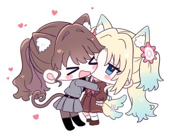 >_< 2girls :d animal_ear_fluff animal_ears black_boots black_pantyhose black_sweater blonde_hair blue_eyes blue_hair blush boots brown_dress brown_hair cat_ears cat_girl cat_tail chibi chibi_only commentary curtained_hair dog_ears dog_girl dog_tail dress english_commentary flower formal_clothes fujishima_megumi fujishima_megumi_(post-graduation) grey_jacket grey_skirt grey_suit hair_flower hair_ornament hasu_no_sora_school_uniform heart heart_tail highres hug jacket jitome knee_boots link!_like!_love_live! long_hair long_sleeves love_live! medium_dress miniskirt mira-cra_park! multiple_girls neckerchief no_mouth open_clothes open_jacket open_mouth osawa_rurino pantyhose parted_bangs pink_flower pleated_dress pleated_skirt ponytail red_neckerchief sailor_collar sailor_dress school_uniform sidelocks skirt skirt_suit smile socks suit suit_jacket sweater tail tail_wagging twintails very_long_hair virtual_youtuber watage_modoki white_sailor_collar white_socks winter_uniform xd