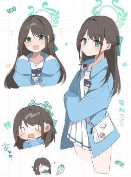 ! 1girl absurdres airi_(band)_(blue_archive) airi_(blue_archive) bag blue_archive blue_jacket blush closed_mouth commentary_request cropped_legs food futagoma green_eyes green_halo grid_background halo highres ice_cream jacket long_hair long_sleeves multiple_views official_alternate_costume open_mouth pleated_skirt shoulder_bag skirt white_background white_skirt