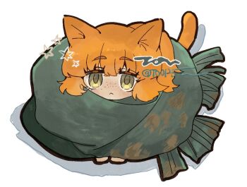 1girl :&lt; animal_ears blush cat_ears cat_tail chibi closed_mouth freckles green_scarf ishmael_(project_moon) ishmael_(the_pequod)_(project_moon) kemonomimi_mode limbus_company mini_person minigirl project_moon scarf short_hair sidelocks simple_background solo tail to0125u white_background