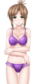 1girl blush bra breasts brown_hair cleavage collarbone crossed_arms folded_ponytail game_cg green_eyes higuchi_isami kusunoki_misako large_breasts large_variant_set lingerie looking_at_viewer mahou_shoujo_sae navel non-web_source official_art panties purple_bra purple_panties short_hair solo thigh_gap transparent_background underwear underwear_only variant_set