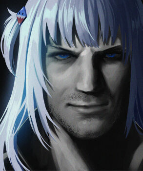 1girl absurdres blue_eyes blue_hair blunt_bangs closed_mouth commentary cosplay dante_(devil_may_cry) dante_(devil_may_cry)_(cosplay) devil_may_cry_(series) devil_may_cry_5 english_commentary facial_hair gawr_gura hair_ornament highres hololive hololive_english kisaragi_tsurugi long_hair looking_at_viewer nose partially_colored photo-referenced pig_tail portrait realistic shark_hair_ornament smile solo stubble tail v-shaped_eyebrows virtual_youtuber wispy_bangs