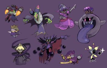 4girls 5boys :d ^_^ antasma arm_up blonde_hair broom broom_riding cackletta cape cloak closed_eyes closed_mouth clown clown_boy coke-bottle_glasses colored_skin colored_tongue commentary_request crown dimentio dress earrings elbow_gloves evil_smile fang fawful forehead_jewel gem ghost glasses gloves glowing glowing_eyes green_skin grey_hair grey_skin grin hair_over_one_eye hat highres holding holding_wand index_finger_raised jester jester_boy jetpack jewelry kammy_koopa king_boo king_olly long_sleeves long_tongue looking_at_viewer luigi&#039;s_mansion mario_&amp;_luigi:_bowser&#039;s_inside_story mario_&amp;_luigi:_dream_team mario_&amp;_luigi:_partners_in_time mario_&amp;_luigi:_superstar_saga mario_&amp;_luigi_rpg mario_(series) multiple_boys multiple_girls nintendo one_eye_covered opaque_glasses open_mouth paper_mario paper_mario:_the_origami_king paper_mario:_the_thousand-year_door pink_eyes princess_peach princess_shroob purple-framed_eyewear purple_background purple_cloak purple_dress purple_eyes purple_gemstone purple_gloves purple_headwear purple_robe purple_tongue rayman_limbs red-tinted_eyewear red_cape red_eyes rinabee_(rinabele0120) robe shadow_queen sharp_teeth short_hair short_sleeves simple_background smile sphere_earrings super_paper_mario teeth tinted_eyewear tongue tongue_out v-shaped_eyebrows wand witch_hat yellow_eyes
