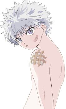 Rule 34 | 1boy, absurdres, back, bandaid, bandaid on face, commentary request, cropped torso, finesan88hh, gauze, gauze on shoulder, highres, hunter x hunter, killua zoldyck, looking back, male focus, short hair, solo, tongue, tongue out, topless male, upper body, white background, white hair