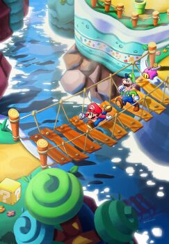 1other 2boys ?_block blue_overalls boots bridge brothers brown_footwear brown_hair day electrical_outlet facial_hair gloves grass green_hat green_shirt hat highres luigi maribou_(supermaribou) mario mario_&amp;_luigi:_brothership mario_&amp;_luigi_rpg mario_(series) multiple_boys mustache nintendo outdoors overalls path red_hat red_shirt river road rope_bridge running shirt short_hair siblings snoutlet_(mario) tree warp_pipe white_gloves