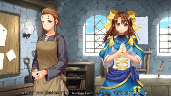2girls apron arisa_astia atelier-moo blue_capelet blue_leotard blue_sash blue_skirt bow breasts brown_apron brown_eyes brown_hair brown_skirt candle capelet clenched_hands closed_mouth cloud company_name copyright_notice curtained_hair day game_cg grey_shirt hair_bow hair_bun hair_slicked_back hands_on_own_chest indoors leotard long_hair long_skirt long_sleeves looking_at_viewer mature_female medium_breasts multiple_girls non-web_source official_art parted_hair ribbon ribbon-trimmed_capelet ribbon_trim sash shirt short_sleeves sidelocks skirt sky smile standing stone_wall tareme trisha_foster variant_set white_shirt window yellow_bow yuukyuu_gensoukyoku yuukyuu_gensoukyoku_revival