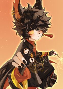 1boy aak_(arknights) aak_(doctor_of_faces)_(arknights) absurdres animal_ears arknights blush chinese_clothes colored_sclera commentary_request ear_piercing earrings fingerless_gloves fireworks furry furry_male gloves hair_over_one_eye highres holding holding_fireworks jewelry looking_at_viewer male_focus mane_(omedemidori) mythological_creature official_alternate_costume one_eye_covered outstretched_hand piercing sparkler yellow_sclera