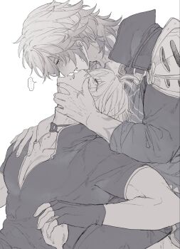 ... 2boys arm_tattoo armor black_choker black_coat black_gloves black_shirt blush choker coat commentary_request cup fingerless_gloves from_side gloves greyscale hand_on_another&#039;s_shoulder highres holding holding_cup honkai:_star_rail honkai_(series) imminent_kiss male_focus medium_hair monochrome multiple_boys mydei_(honkai:_star_rail) neck_tattoo pauldrons phainon_(honkai:_star_rail) profile ramuniku_ooo shirt short_sleeves shoulder_armor simple_background single_pauldron spoken_ellipsis sun_symbol sun_tattoo tan tattoo white_background yaoi