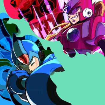 2boys arm_cannon armor blonde_hair blue_armor blue_helmet chest_jewel commentary english_commentary forehead_jewel groovy_(docilebread) helmet highres long_hair male_focus mega_man_(series) mega_man_x5 mega_man_x_(series) multiple_boys red_armor red_helmet upper_body weapon x_(mega_man) zero_(mega_man) zoom_layer