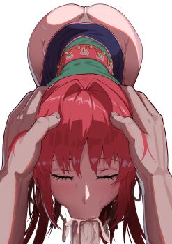 1boy 1girl :>= after_fellatio ass bent_over blush censored closed_eyes clothes_lift cum cum_in_mouth dress dress_lift ejaculation elle_(tenchi_souzou) fellatio huge_ass jewelry long_hair necklace oral orgasm panties penis pllona12 pov precum puffy_cheeks red_hair saliva sash sidelocks skirt skirt_lift sweat tenchi_souzou transparent_background underwear white_panties