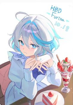 1girl :3 ahoge blue_eyes blue_hair cake cake_slice character_name closed_mouth dress elbow_rest food fruit furina_(genshin_impact) genshin_impact hair_between_eyes hair_intakes happy_birthday hashtag-only_commentary highres long_sleeves looking_at_viewer medium_hair multicolored_hair own_hands_together parfait sa_mhe sitting solo strawberry streaked_hair white_background white_dress white_hair