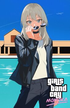 1girl aircraft airplane black_choker black_jacket black_pants blue_sky brand_name_imitation building choker commentary contrail cowboy_shot fromgod_jungle girls_band_cry grand_theft_auto grand_theft_auto:_vice_city grey_eyes grey_hair highres jacket kawaragi_momoka long_hair looking_at_viewer outdoors pants removing_eyewear shirt sky solo sunglasses symbol-only_commentary t-shirt white_shirt