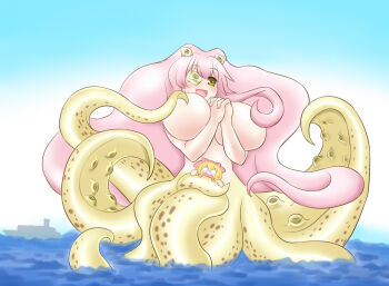 2girls blue_sky blush boat bow breasts commentary_request completely_nude day flower flower_over_eye full_body hair_bow hinaichigo huge_breasts itini-sanshi kirakishou long_hair monster_girl monsterification multiple_girls nude ocean open_mouth outdoors own_hands_together pink_bow pink_hair rose rozen_maiden scylla sky smile very_long_hair watercraft white_flower white_rose yellow_eyes