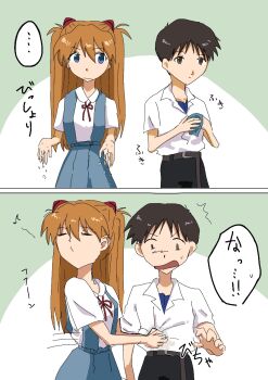 ! !! 1boy 1girl :/ :3 :o artist_request brown_hair disgust drying hair_ornament ikari_shinji long_hair mocking neon_genesis_evangelion plaid_clothes plaid_skirt school_uniform short_hair simple_background skirt socks souryuu_asuka_langley standing tokyo-3_middle_school_uniform translation_request wet