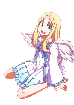 1girl 9-san alternate_eye_color aqua_eyes bare_legs barefoot bird_girl bird_wings blonde_hair blue_bow blue_dress bow chest_bow child commentary_request curtained_hair dress feathered_wings filo_(tate_no_yuusha_no_nariagari) frilled_sleeves frills full_body highres long_hair long_sidelocks long_sleeves looking_at_viewer medium_dress sidelocks simple_background sitting solo straight_hair tate_no_yuusha_no_nariagari two-tone_dress wariza white_background white_dress white_wings wide_sleeves wings