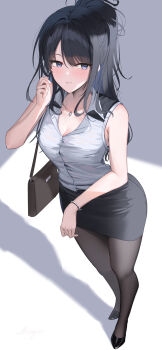 1girl aged_up alternate_costume armpit_crease bag bare_shoulders black_eyes black_hair black_pantyhose black_shoes black_skirt bracelet breasts brown_bag closed_mouth commentary_request hand_up highres idolmaster idolmaster_shiny_colors jewelry kazano_hiori long_hair medium_breasts necklace office_lady pantyhose pencil_skirt ponytail shirt shoes shougun_(chuckni1) shoulder_bag skirt sleeveless sleeveless_shirt smile solo white_shirt