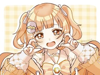 1girl blush border bow bowtie drawstring egg_hair_ornament food-themed_hair_ornament frilled_jacket frilled_sailor_collar frills gem hair_ornament hair_ribbon half-heart_hands hands_on_own_cheeks hands_on_own_face hood hooded_jacket jacket kirara_tamako kirara_tamako_(2nd_costume) long_hair long_sleeves looking_at_viewer mu220 nijisanji official_alternate_color open_clothes open_jacket open_mouth orange_bow orange_bowtie orange_eyes orange_hair orange_jacket outside_border plaid_background polka_dot portrait puffy_long_sleeves puffy_sleeves ribbon sailor_collar shirt sleeves_past_wrists smile solo striped_bow striped_bowtie striped_clothes twitter_username two-sided_fabric two-sided_jacket two_side_up virtual_youtuber white_border white_ribbon white_sailor_collar white_shirt yellow_background yellow_gemstone