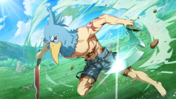 1boy barefoot bird_mask blue_shorts crossover game highres hizutome_rakurou kage_no_jitsuryokusha_ni_naritakute! knife mask meadow official_art red_eyes shangri-la_frontier shorts smile solo sunlight sunraku sunraku_(shangri-la_frontier) wind