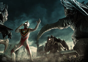 1boy alien armor battle breastplate building city cityscape cloud color_timer colored_skin commentary compound_eyes dark_cloud debris destruction dorsal_fin feet_out_of_frame fighting_stance figure_(medium) from_below giant giant_male glowing glowing_eyes gold_trim hands_up highres ito_nobuhiko kaiju kaiser_dobishi lamppost legs_apart looking_ahead monster multicolored_skin no_pupils one-eyed outdoors overcast overpass pectorals photo_(medium) red_skin scythe silver_skin sky skyscraper smoke smoke_trail standing tokusatsu toned toned_male two-tone_skin ultra_series ultraman_gaia ultraman_gaia_(series) white_eyes wrinkled_skin