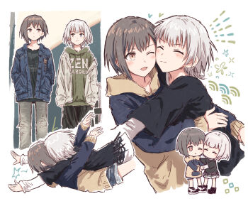 Rule 34 | 2girls, :3, ;d, bang dream!, bang dream! it's mygo!!!!!, black pants, black shirt, blue hoodie, blue jacket, blush, cheek-to-cheek, chibi, chibi inset, closed mouth, commentary, glomp, green hoodie, grey hair, grey pants, heads together, highres, hood, hood down, hoodie, hug, jacket, kaname raana, long sleeves, multiple girls, multiple views, one eye closed, open clothes, open jacket, open mouth, pants, shirt, short hair, single off shoulder, smile, standing, star (symbol), sweat, takamatsu tomori, two-tone hoodie, white hair, white jacket, yellow hoodie, yukitake (bullfalk)