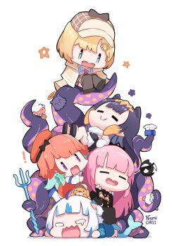 ! 5girls =_= artist_name beret black_thighhighs blonde_hair blue_eyes blue_hair brown_cape brown_skirt bubba_(watson_amelia) cape chibi closed_eyes commentary cookie crying crying_with_eyes_open death-sensei_(mori_calliope) deerstalker detached_sleeves ebi-chan_(gawr_gura) elbow_gloves fins fish_tail food gawr_gura gawr_gura_(1st_costume) gloves green_hair halo hat highres hololive hololive_english holomyth kfp_employee_(takanashi_kiara) long_hair long_sleeves mori_calliope mori_calliope_(1st_costume) multicolored_hair multiple_girls namiorii ninomae_ina&#039;nis ninomae_ina&#039;nis_(1st_costume) open_mouth orange_hair orange_hat pink_hair polearm purple_eyes purple_hair shark_girl shark_tail sharp_teeth simple_background skirt smile streaked_hair symbol-only_commentary tail takanashi_kiara takanashi_kiara_(1st_costume) takodachi_(ninomae_ina&#039;nis) tears teeth tentacle_hair tentacles thighhighs trident two-tone_hair virtual_youtuber watson_amelia watson_amelia_(1st_costume) weapon white_background white_gloves white_hair