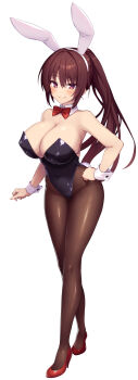 1girl absurdres animal_ear_hairband animal_ears artist_request bare_shoulders black_leotard bow bowtie breasts brown_hair brown_pantyhose cleavage commentary_request covered_navel detached_sleeves fake_animal_ears full_body hairband hand_on_own_hip high_heels highleg highleg_leotard highres large_breasts leotard light_blush long_hair looking_at_viewer original pantyhose pink_eyes playboy_bunny ponytail rabbit_ear_hairband rabbit_ears red_bow red_bowtie red_shoes second-party_source shinki_itten shoes simple_background smile solo strapless strapless_leotard tachi-e white_background white_hairband white_wrist_cuffs wrist_cuffs