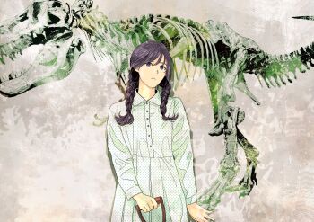 Rule 34 | 1girl, black hair, blue eyes, braid, collared dress, dinosaur, dress, expressionless, highres, long sleeves, looking at viewer, original, skeleton, solo, tanaka hirotaka, twin braids, twintails, upper body, white dress