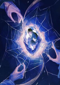 1boy 3others absurdres black_hair black_shorts black_vest closed_eyes curled_up dual_persona full_body glowing han_sooyoung highres kim_dokja knees_up long_sleeves mini_person miniboy multiple_others oldest_dream omniscient_reader&#039;s_viewpoint out_of_frame shirt short_hair shorts silk sky space spider_web sqtaya1 star_(sky) starry_sky vest white_shirt yoo_joonghyuk