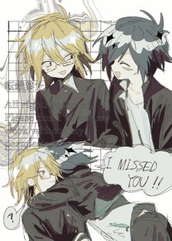 Rule 34 | absurdres, black hair, blonde hair, commentary request, english text, gakuran, glasses, glomp, grid background, highres, hug, komiroku, randal's friends, randal ivory, school uniform, short hair, tsukada satoru, white background