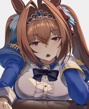 1girl animal_ears blue_dress blue_gemstone bored bow bowtie breast_press breasts brown_hair daiwa_scarlet_(umamusume) dress epaulettes fangs gem hair_between_eyes hair_bow hair_intakes hand_on_own_face highres horse_ears horse_girl indoors jewelry juliet_sleeves large_breasts long_hair long_sleeves looking_at_viewer o_ko_ge2024 open_mouth puffy_sleeves red_eyes simple_background solo tiara twintails umamusume upper_body white_background