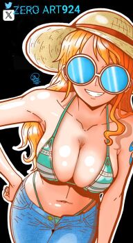 1girl artist_name bikini bikini_under_clothes blue_tattoo breasts collarbone curvy denim green_bikini grin hand_on_own_hip hat highres jeans large_breasts long_hair looking_at_viewer nami_(one_piece) nami_(one_piece)_(post-timeskip) nami_(one_piece)_(return_to_sabaody) navel one_piece open_fly orange_hair pants shoulder_tattoo signature simple_background smile solo straw_hat striped_bikini striped_clothes sunglasses swimsuit tattoo teeth thong thong_bikini twitter_logo twitter_username wide_hips zeroart924