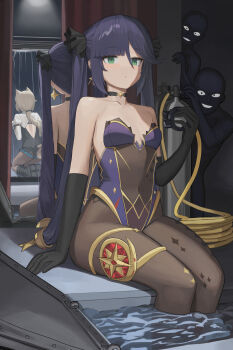 2boys 2girls absurdres ass bald bare_shoulders black_choker black_gloves black_skin blonde_hair bodystocking breasts choker collarbone colored_skin commentary covered_navel criminal_(meitantei_conan) curtains dolri earrings elbow_gloves genshin_impact gloves green_eyes highres jewelry leotard long_hair looking_ahead looking_at_another low_ponytail lynette_(genshin_impact) meitantei_conan mirror mona_(genshin_impact) multiple_boys multiple_girls oxygen_tank ponytail purple_hair reflection sitting small_breasts soaking_feet star_(symbol) star_earrings strapless strapless_leotard thighlet thighs twintails very_long_hair water
