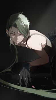 1girl absurdres bare_shoulders black_gloves black_pants black_shirt ear_piercing earrings gloves green_hair highres jewelry long_hair looking_at_viewer low_ponytail miz_gracia nintendo pants piercing pokemon pokemon_sv ponytail red_hair rika_(pokemon) shirt suspenders very_long_hair