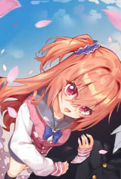 1boy 1girl absurdres arm_hug cardigan_vest couple highres inaba_meguru long_hair looking_at_another muchun_(2571268436) one_side_up open_mouth orange_hair petals pink_eyes sanoba_witch school_uniform skirt smile solo_focus