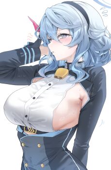 1girl absurdres ako_(blue_archive) black_jacket blue_archive blue_eyes blue_hair blue_halo blush breasts choker hairband halo highres jacket laseri looking_at_viewer neck_bell shirt short_hair sideboob solo sweatdrop twitter upper_body white_shirt