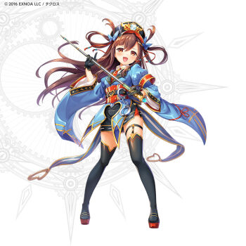 1girl brown_eyes brown_hair commentary_request cuffs dmm evil_smile hat holding holding_wand holding_weapon kamihime_project kushinada_(kamihime_project) long_hair ribbon sandals smile wand weapon