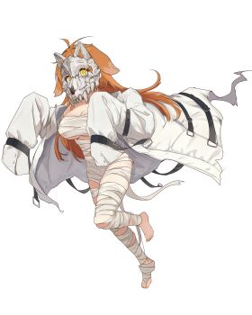 1girl absurdres ahoge animal_ears bandages barefoot breasts brown_hair commission full_body highres large_breasts long_hair looking_at_viewer mask mummy_costume naked_bandage original oversized_clothes paper_box second-party_source skull_mask sleeves_past_fingers sleeves_past_wrists solo straitjacket white_background yellow_eyes