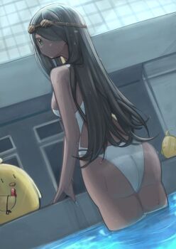 1girl ass azur_lane black_hair competition_swimsuit from_behind goggles goggles_on_head green_eyes hair_over_one_eye highres holding holding_whistle indoors long_hair looking_back manjuu_(azur_lane) nail_polish northampton_(azur_lane) northampton_ii_(azur_lane) northampton_ii_(swimming_star)_(azur_lane) official_alternate_costume one-piece_swimsuit pool poolside swimsuit water wet whistle white_one-piece_swimsuit yudofu_ice